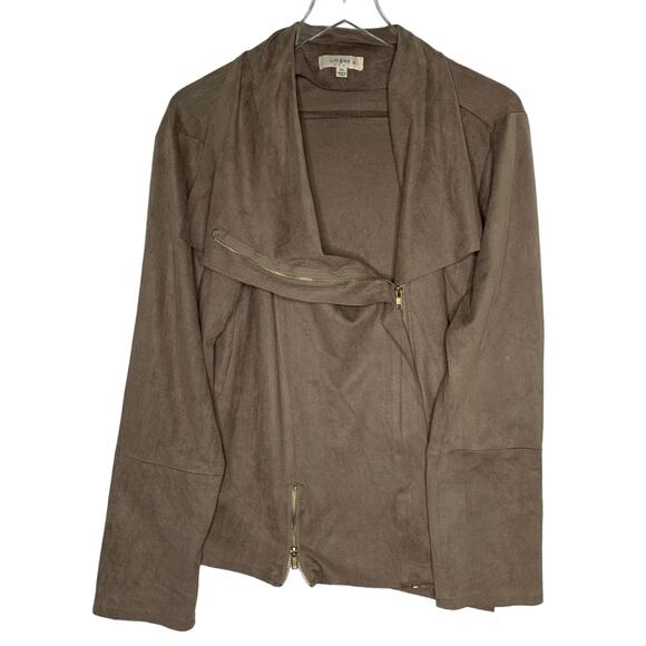 Umgee 1XL Soft Suede Moto Jacket in Mocha Asymmetrical Zip Fitted Draped Collar - Picture 1 of 9